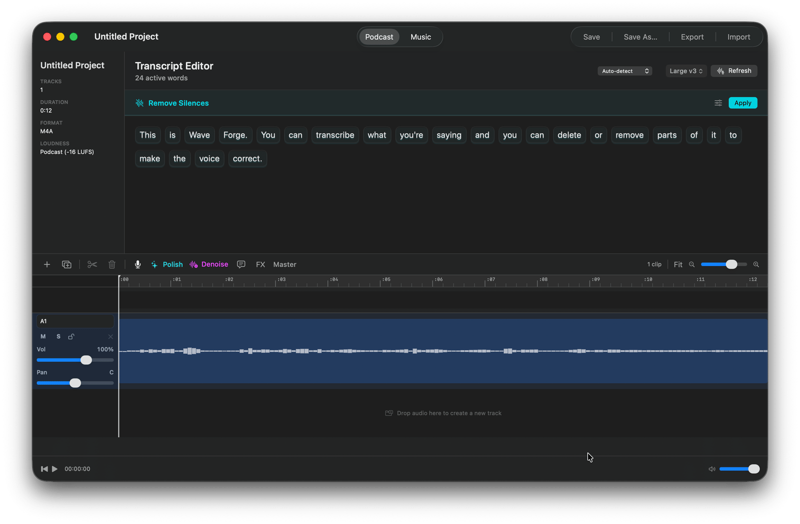 Waveforge timeline with clips, fades, and playhead